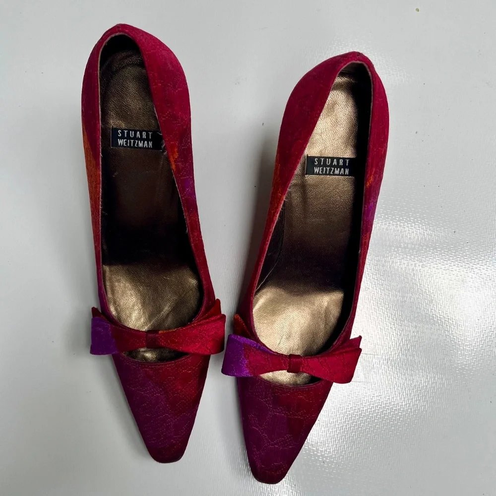 Stuart Weitzman Pink & Orange Suede Pointed Bow Pumps - Picture 5 of 10